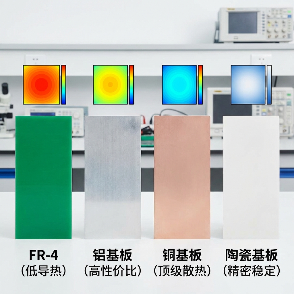 四种主流LED显示屏基板材质的对比展示，包括FR-4玻纤板、铝基板、铜基板和陶瓷基板，并配有导热效能图标，直观对比了它们的散热性能差异。