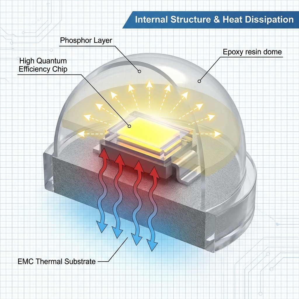 LED灯珠三维剖面与散热示意图（倒装芯片、荧光粉层、EMC散热基板与热流）