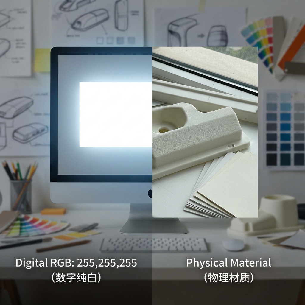 对比展示数字纯白RGB:255,255,255在屏幕上的显示效果与物理材质（如工业塑料件或纸张）在自然光下呈现的略微发黄或偏灰的白色，强调“所见非所得”的色彩转换难题。
