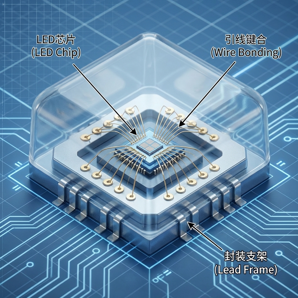 一张展示LED封装宏观结构的3D渲染图。画面核心是一个安置在支架(Lead Frame)上的微小LED芯片,细如发丝的金线(Wire Bonding)精准地将芯片与引脚连接,如同建筑的“神经中枢”。背景呈现半透明的环氧树脂保护壳,体现“房子”般的保护概念。标注:LED芯片 (LED Chip), 引线键合 (Wire Bonding), 封装支架 (Lead Frame)。