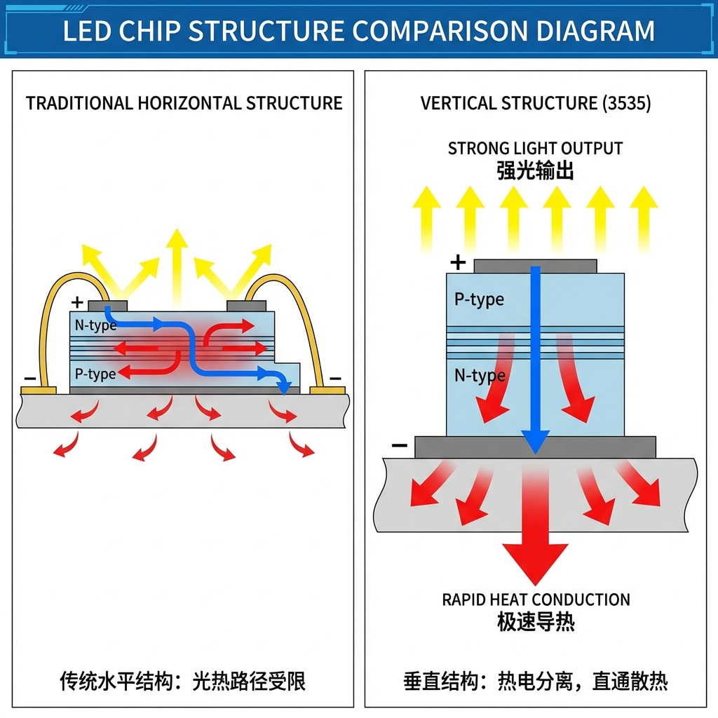 对比图，展示传统水平结构LED芯片与3535垂直结构LED芯片在电流和热量传导路径上的差异