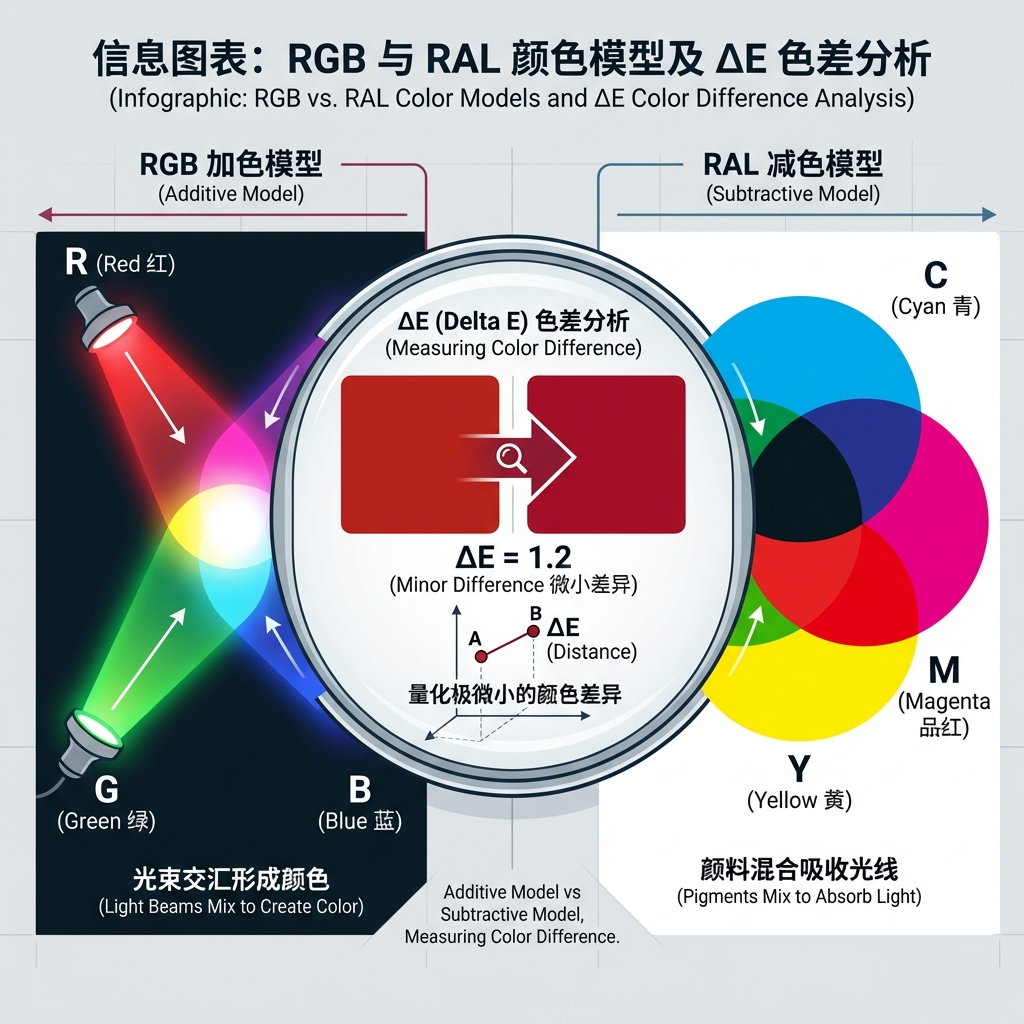 信息图表展示RGB加色模型和RAL减色模型，突出两个接近但有细微差别的红色色块，并标注ΔE色差分析，解释色彩的本质差异和衡量标准。