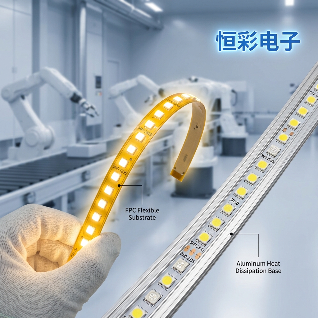 恒彩电子生产的LED灯条板，展示了FPC柔性电路板与铝基板的对比，以及SMD 2835和5050灯珠的排列，体现定制灵活性与高效热管理。