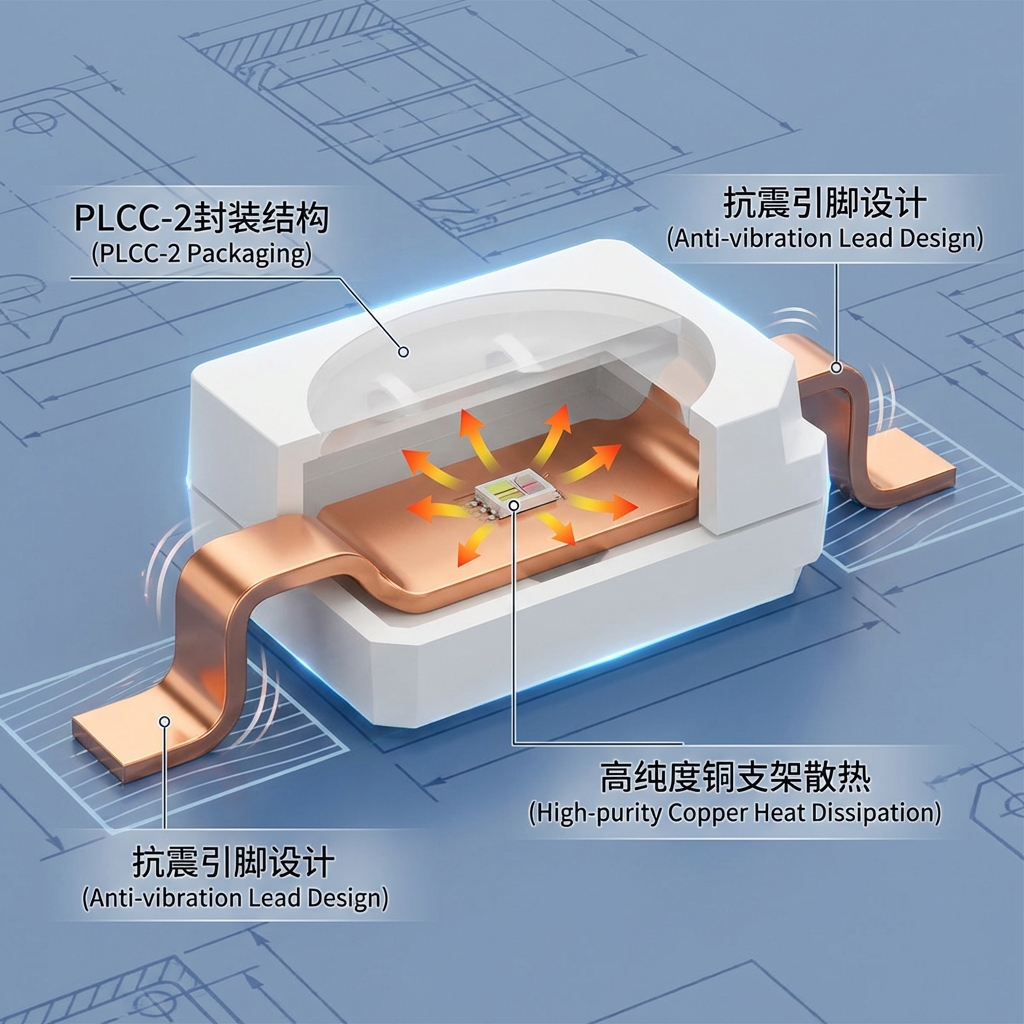 3D解剖图:3528 LED灯珠的PLCC-2封装结构,突出其抗震引脚设计与高纯度铜支架散热功能。