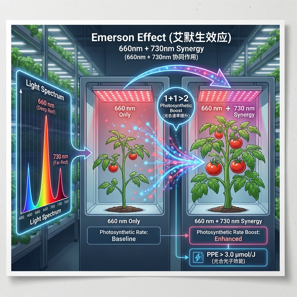 艾默生效应科学示意图，展示 660 nm 和 730 nm 协同作用下植物光合速率的显著提升，背景为现代化垂直农场，并标注 PPE > 3.0 μmol/J 等关键技术指标。