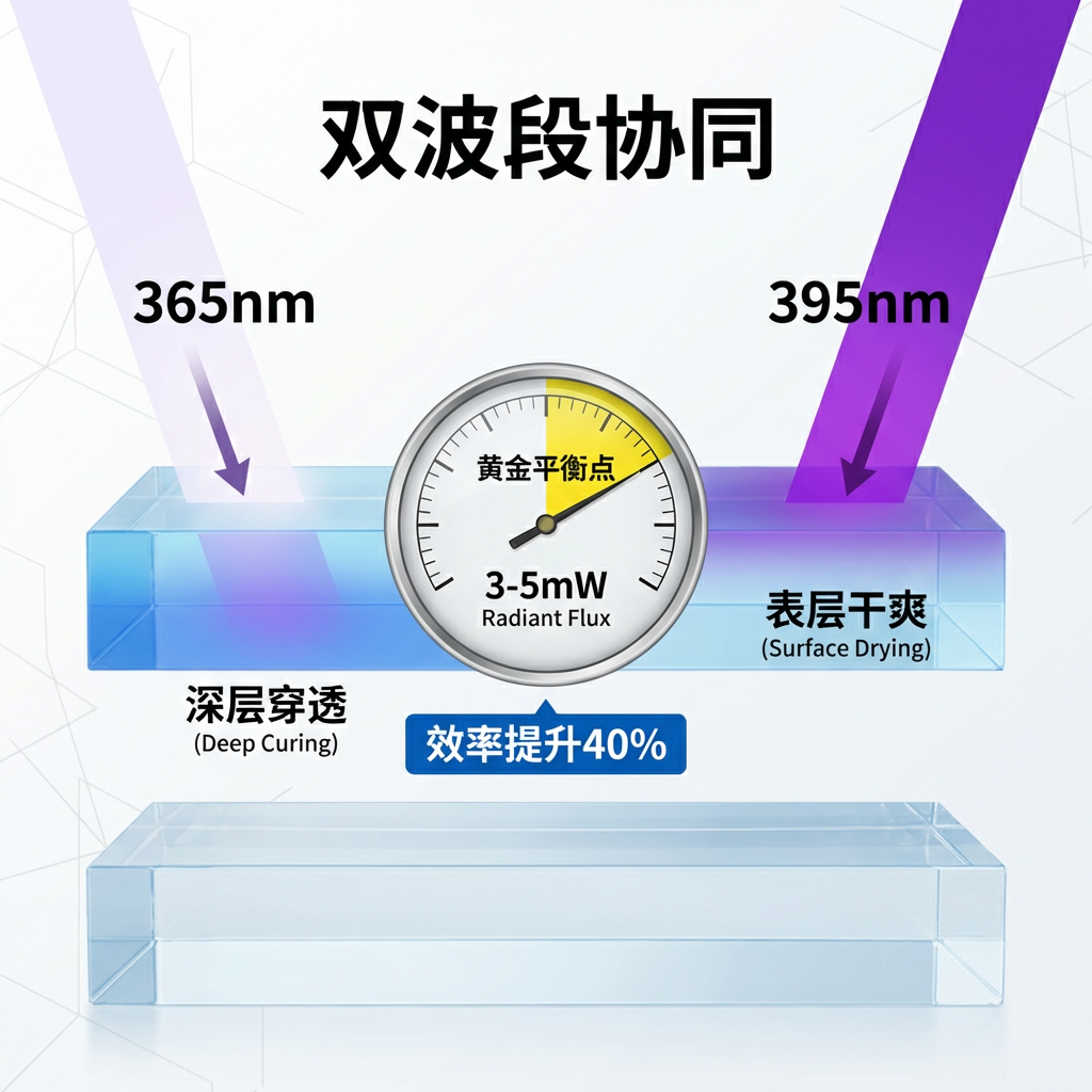 技术原理图，解释365nm和395nm双波段在固化应用中的协同效应，展示365nm深层穿透和395nm表面干爽效果，以及3-5mW光功率的黄金平衡点。