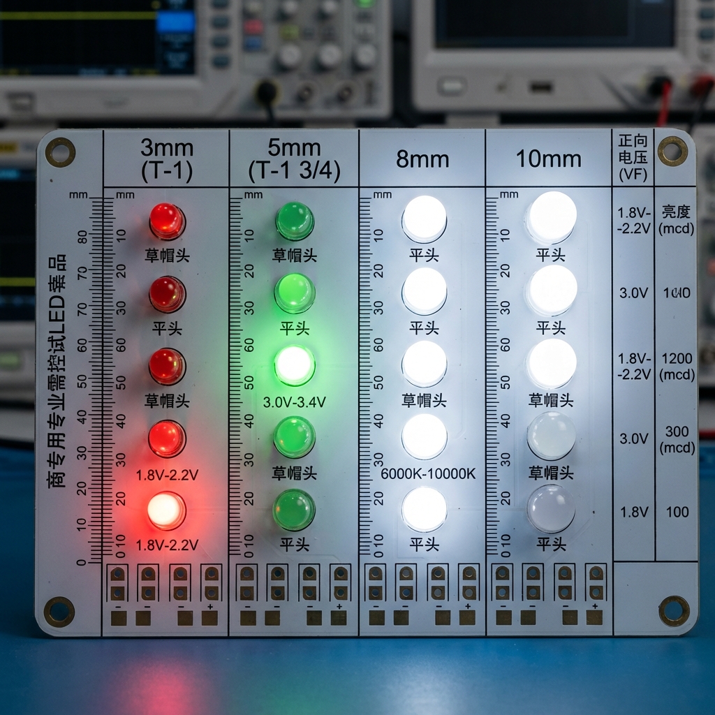 不同尺寸与形状的直插LED灯珠规格展示,包括3mm、5mm、8mm、10mm圆头、草帽头和平头灯珠,并展示了红、绿、白光的典型发光效果。