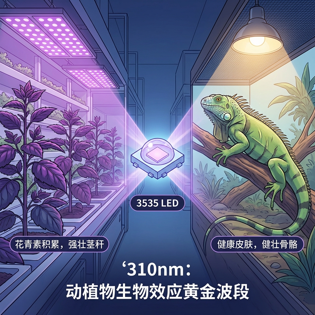 一张横屏概念图,生动展示310nm紫外线LED在动植物领域的双重核心价值。画面左侧呈现室内种植的药用植物,叶片呈现深紫色(花青素积累),展现出强壮的茎秆;右侧呈现一只在UVB灯光下活动的健康绿鬣蜥,皮肤纹理清晰,骨骼健壮。中心点缀一颗发光的3535封装LED灯珠。文字标注:'310nm: 动植物生物效应黄金波段 (310nm: Golden Band for Biological Effects)'。