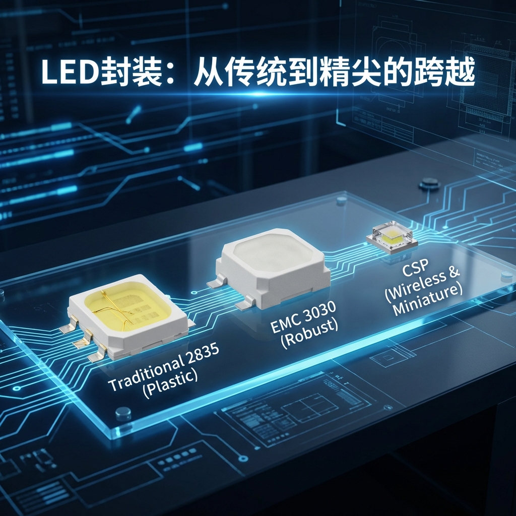 LED封装技术演变示意图，从左至右展示传统2835、EMC 3030和CSP封装的对比，突出其尺寸和结构差异。