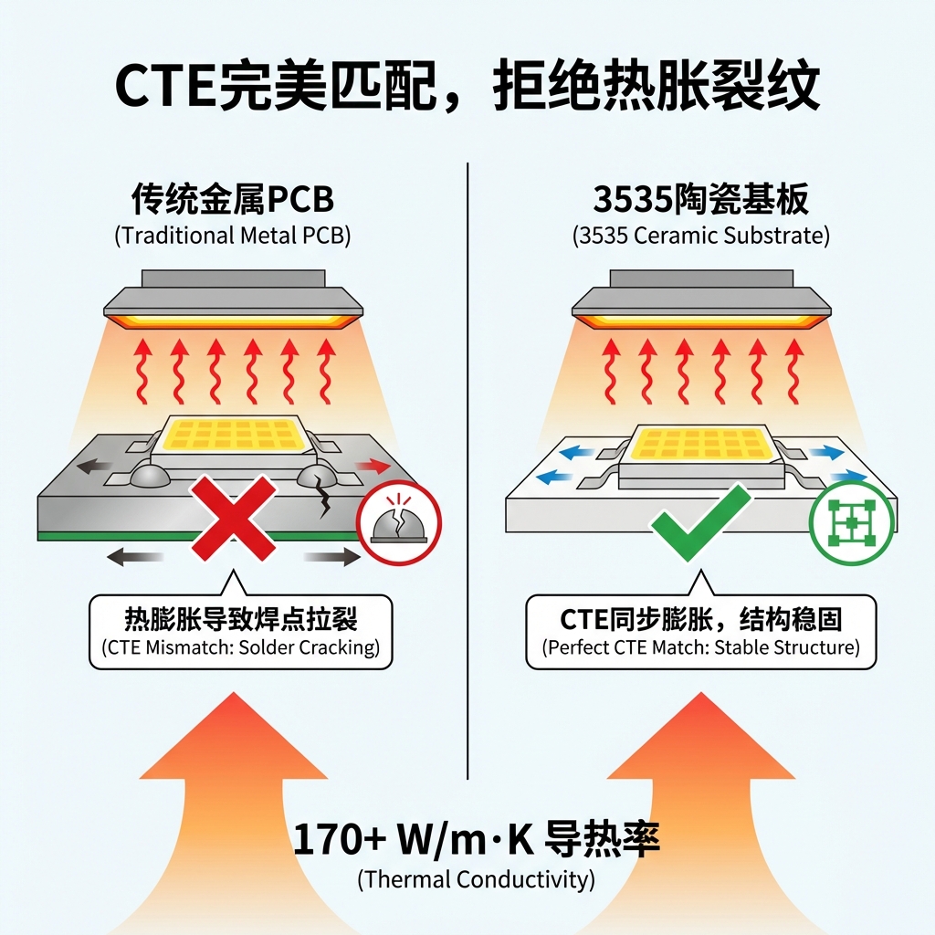 对比插图解释LED芯片与基板的热膨胀系数匹配重要性,展示3535陶瓷基板如何防止芯片因热胀冷缩而损坏