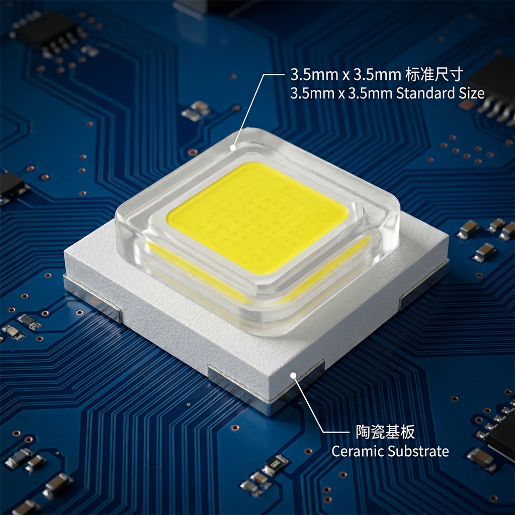 3535陶瓷垂直发光灯珠的3D渲染图，展示其3.5mm尺寸和陶瓷基板结构