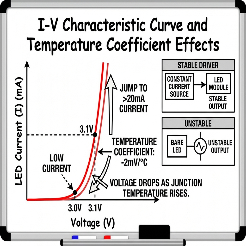 LED I-V特性曲线与温度系数示意（3.0V到3.1V电流剧增，温度系数-2mV/°C，恒流驱动对比）
