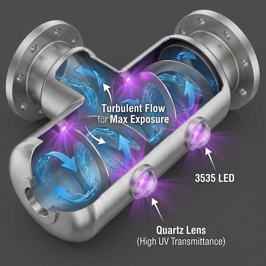 直饮水过流式杀菌模组内部剖视图，展示螺旋扰流设计与石英透镜LED