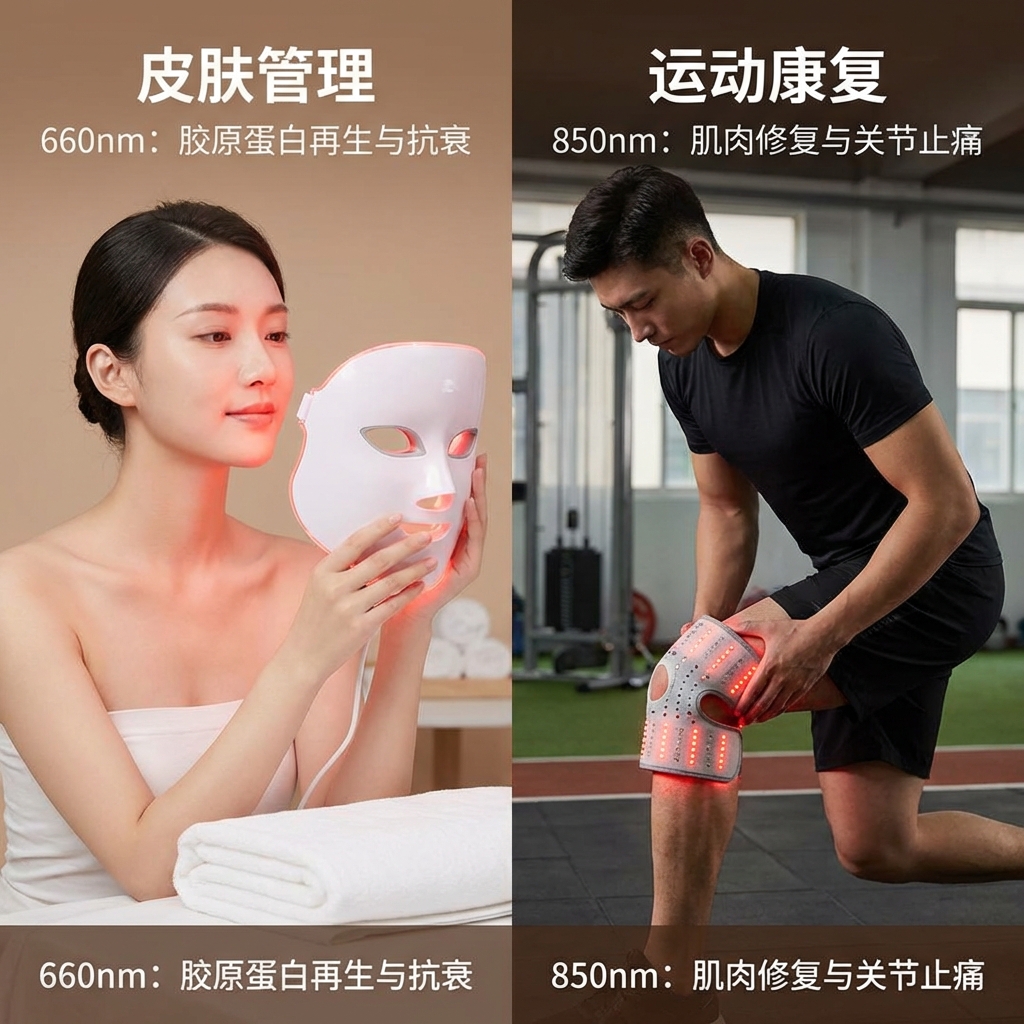 660nm红光用于皮肤管理和抗衰老,850nm近红外光用于运动康复和缓解关节疼痛的实际应用场景对比图。