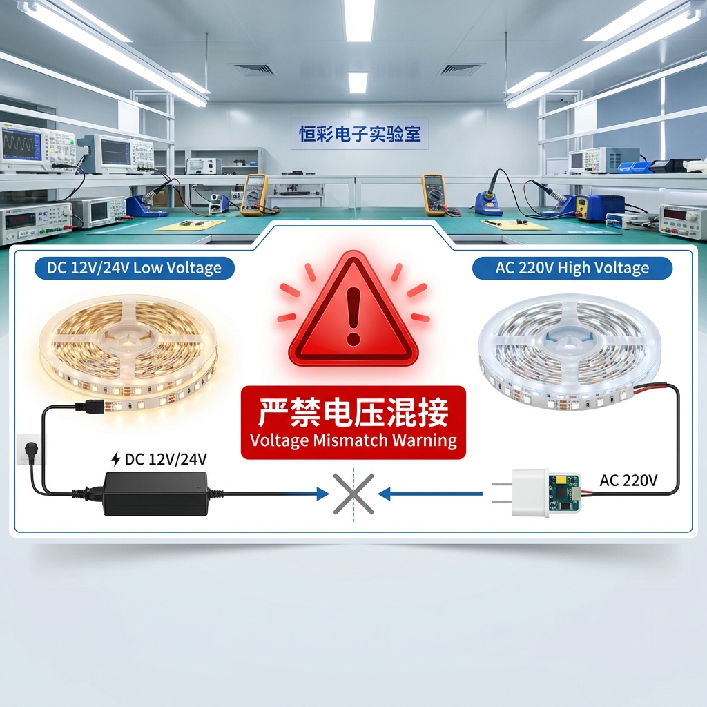 5050灯带主流输入电压对比图,展示了DC 12V/24V低压灯带与AC 220V高压灯带的连接方式,并配有电压混接警告。