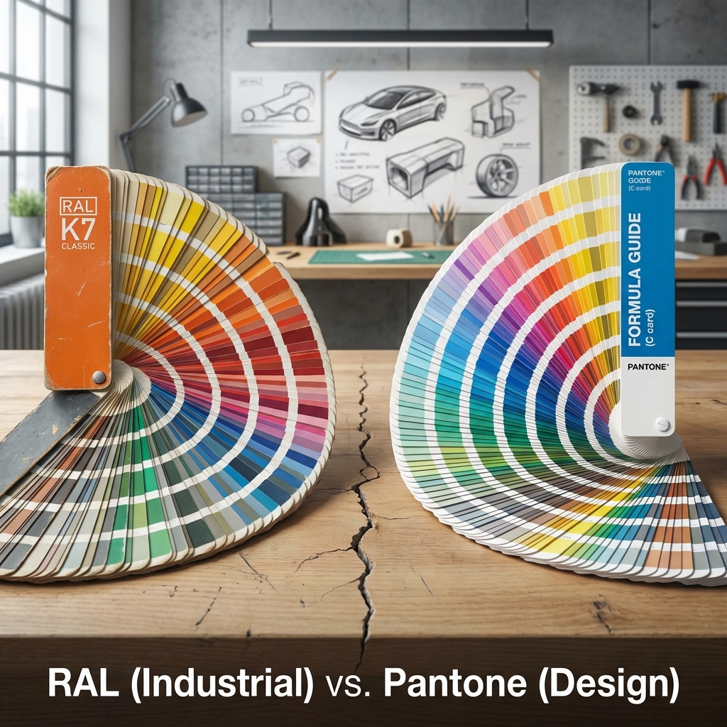 RAL K7色卡与Pantone Formula Guide色卡并列，中间有裂缝，背景是现代工业设计工作室，标注RAL (Industrial) vs. Pantone (Design)，象征两者在工业设计中的冲突与无法完美互换。
