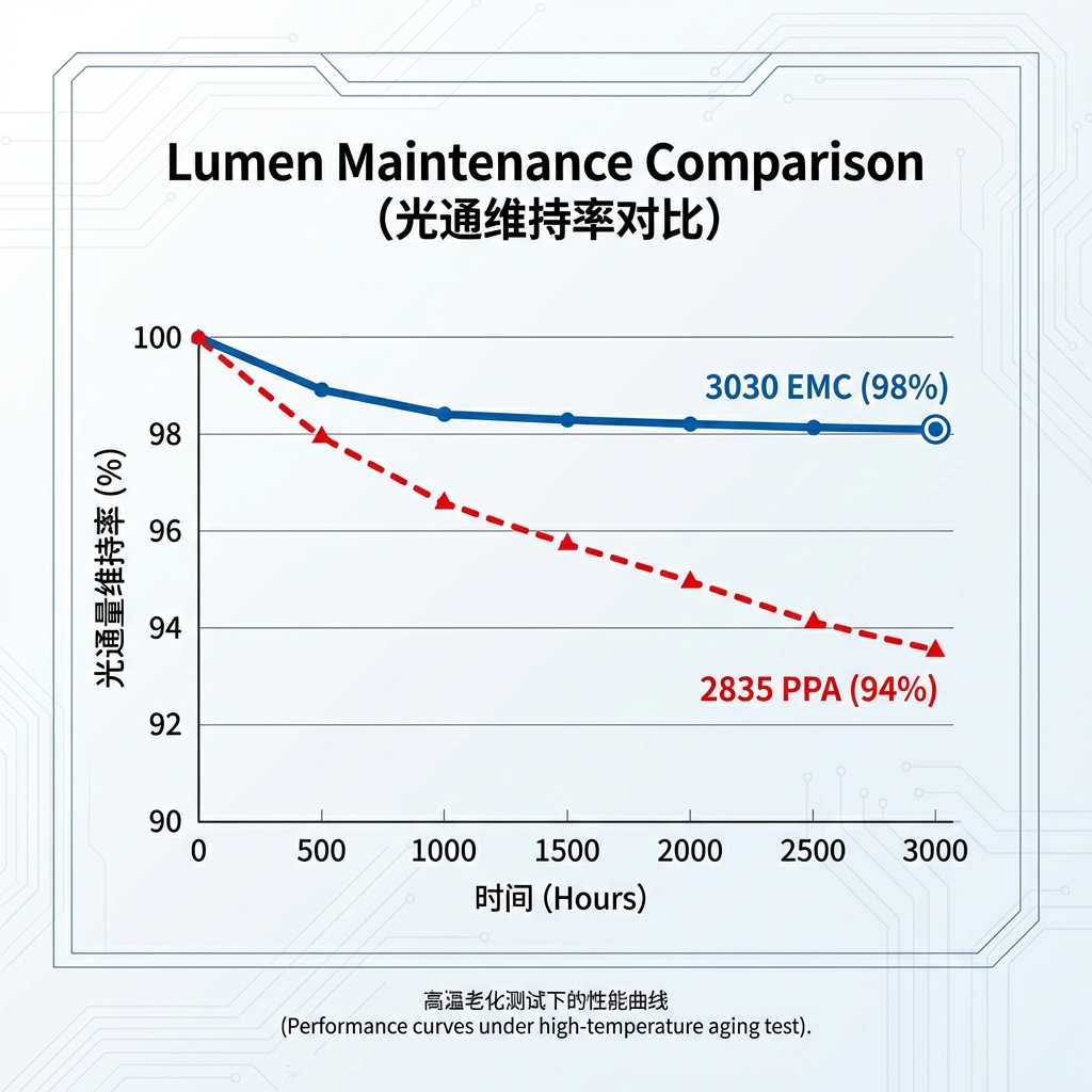 SMD3030与SMD2835在高温老化测试下的光通维持率对比图，显示3030 EMC支架的卓越性能。