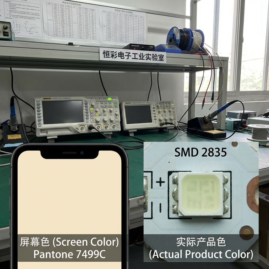 智能手机屏幕上显示的潘通 7499C 暖白色与日光下 SMD 2835 LED 灯珠实物色差对比。屏幕显示理想米黄色，灯珠外壳略偏绿。背景有“恒彩电子”工业实验室元素，标注“屏幕色 (Screen Color) vs 实际产品色 (Actual Product Color)，Pantone 7499C”。