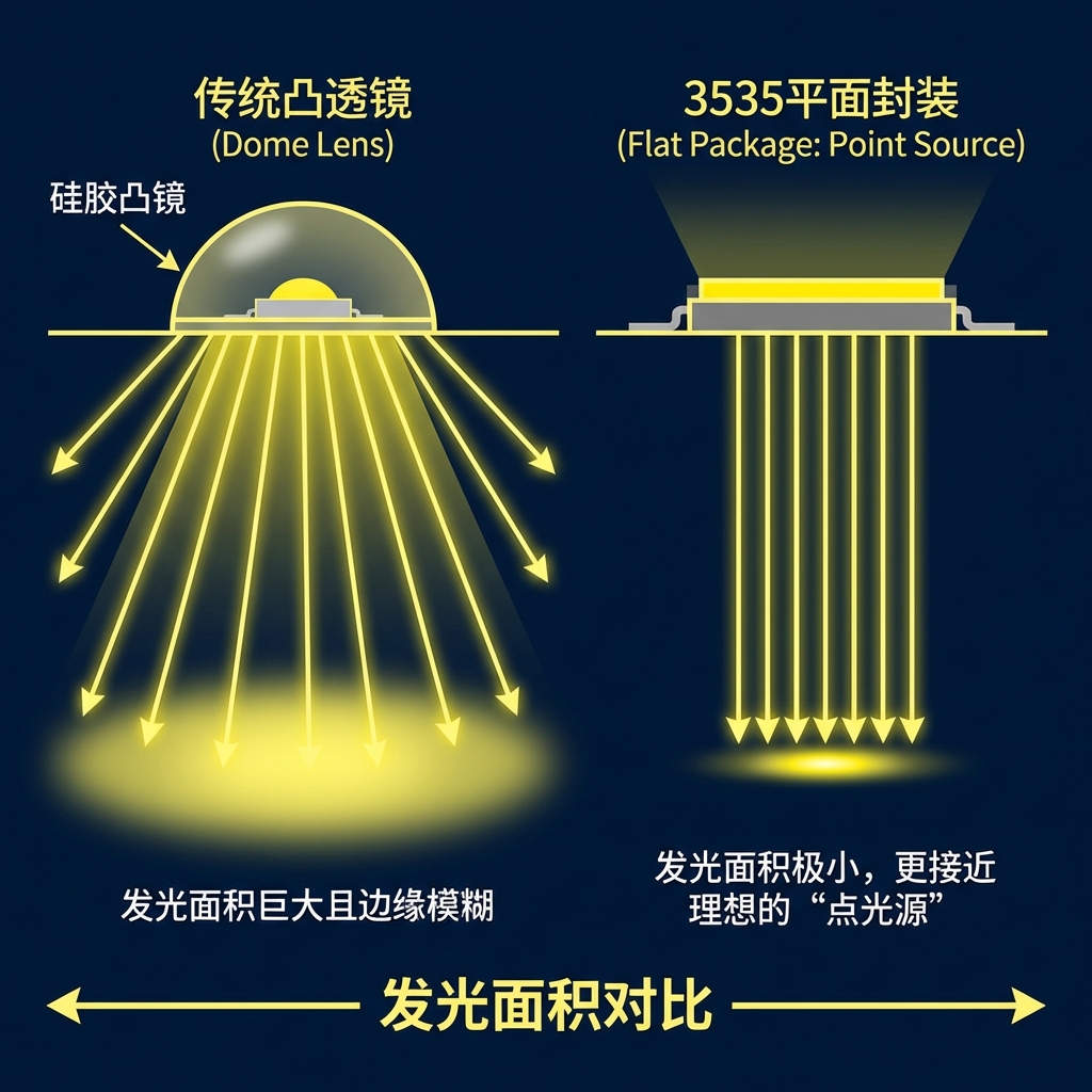 传统凸透镜LED与3535平面LED发光面积对比图，清晰展示平面封装更接近点光源，利于聚光。