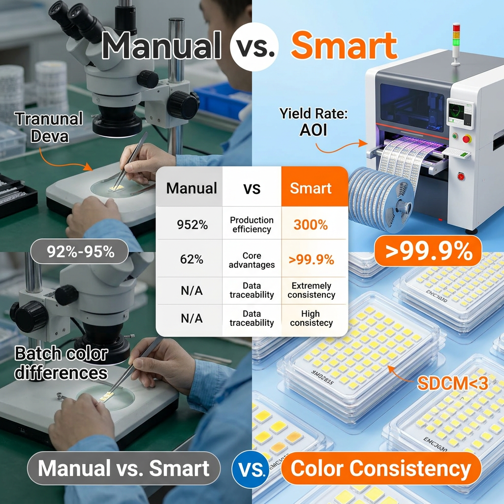 传统人工封装与智能自动化封装对比图，直观展现智能封装在生产效率、良品率和光色一致性方面的显著优势。