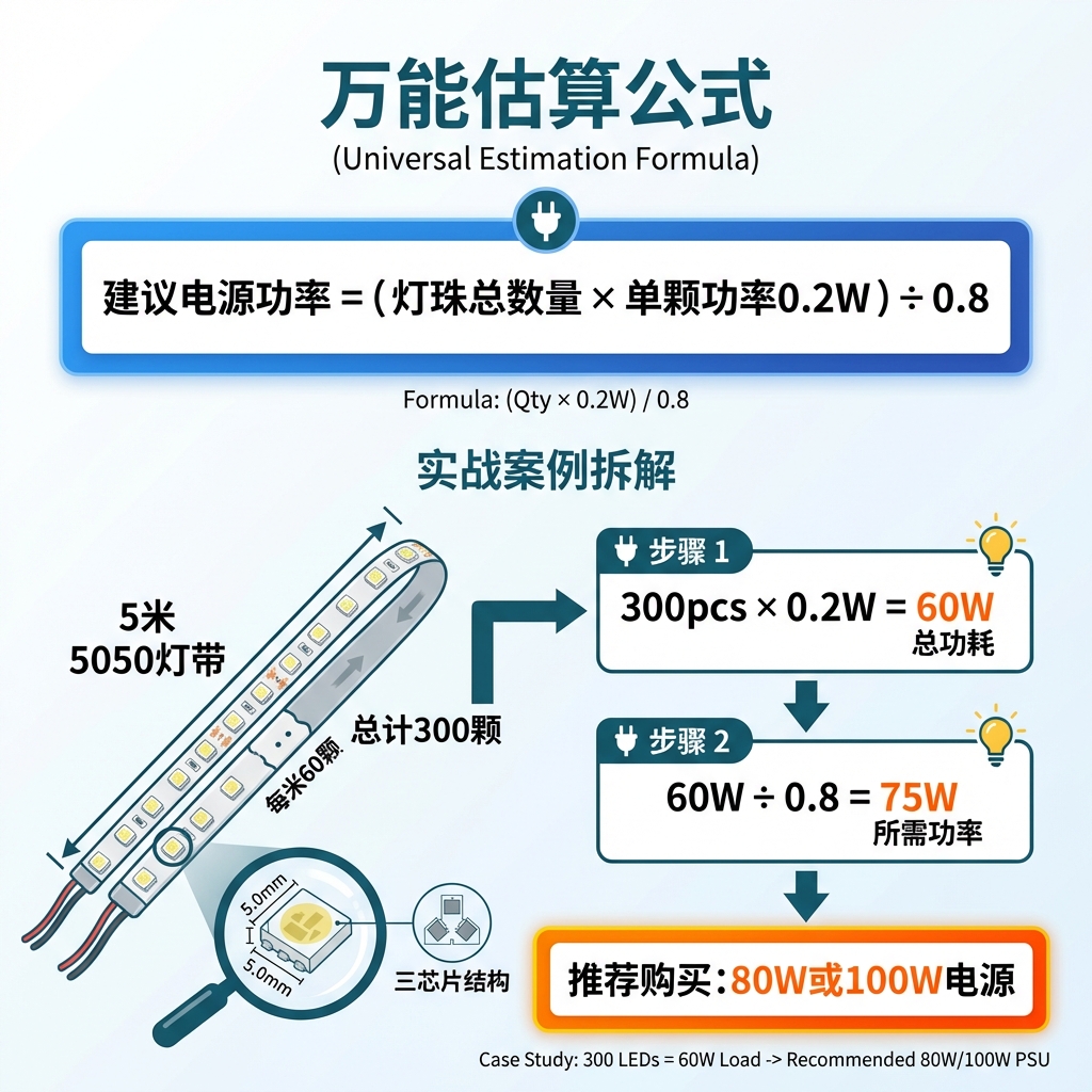 5050 LED灯珠电源功率万能估算公式图,包含计算步骤和5米灯带实例,指导如何根据灯珠数量和单颗功率选择合适的电源。