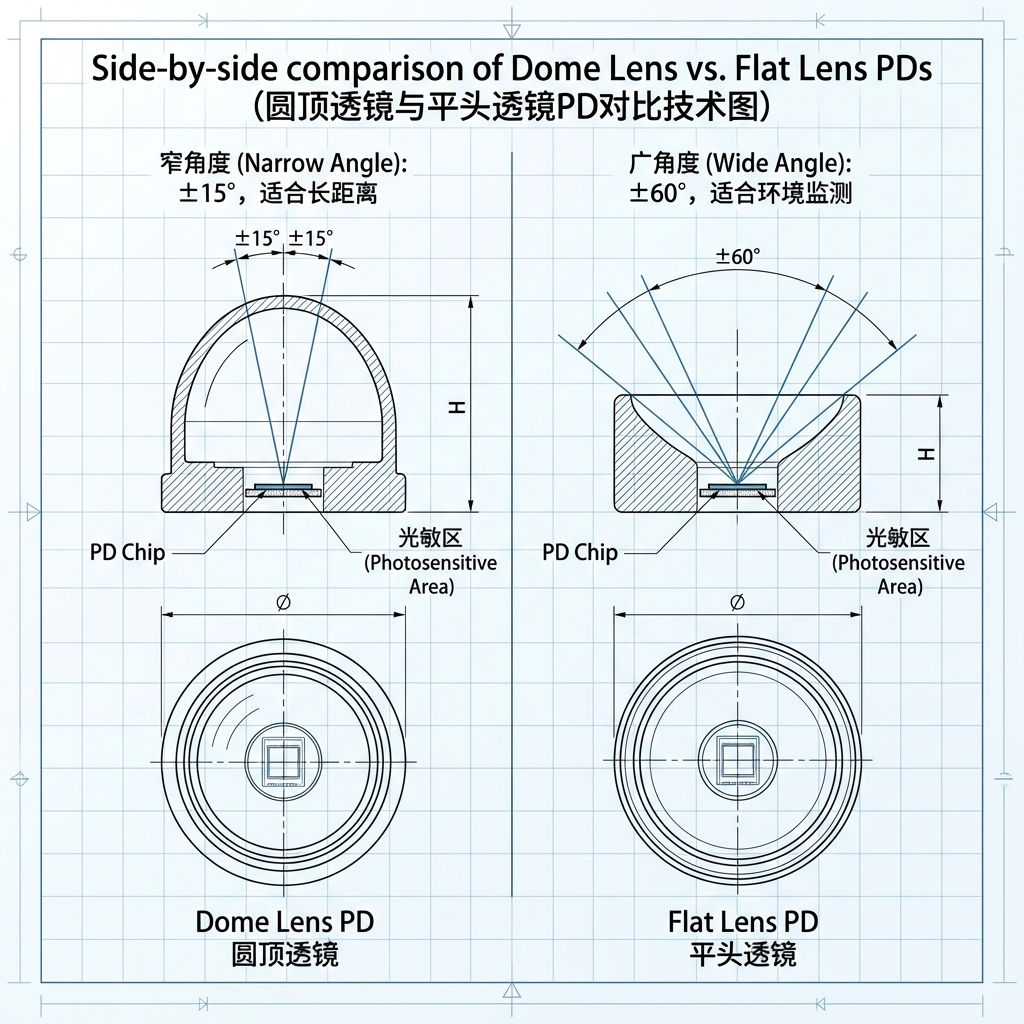 圆顶透镜PD与平头透镜PD接收角度对比图