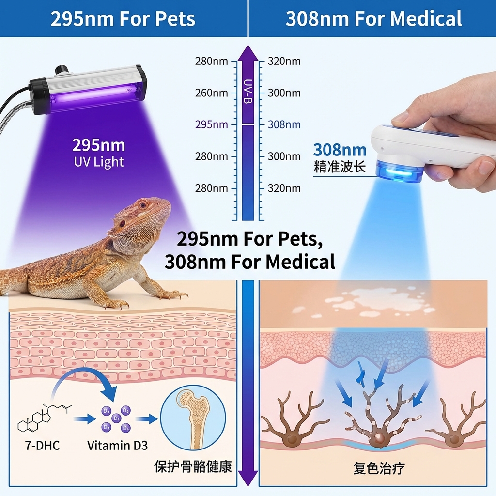 295nm 和 308nm 波长的应用对比图，左侧为宠物补钙，右侧为皮肤治疗