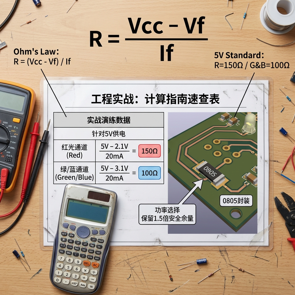 An engineering guide image showing the Ohm's Law formula R = (Vcc - Vf) / If, with practical examples for a 5V supply: Red channel (5V - 2.1V) / 20mA = 150Ω, and Green/Blue channel (5V - 3.1V) / 20mA = 100Ω. The image also depicts a PCB layout with 0805 resistors, emphasizing power rating.