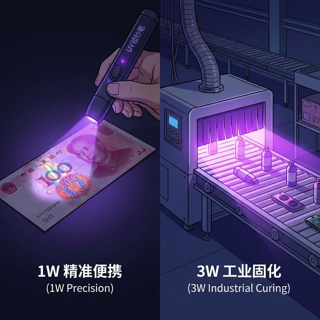 对比插画展示1W功率用于便携验钞笔照亮钞票水印，3W功率用于工业固化流水线瞬间烤干油墨。文字标注：1W 精准便携，3W 工业固化。