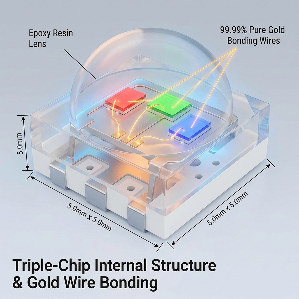 5050 LED内部结构透视图，展示三芯片、金线键合和散热焊盘。