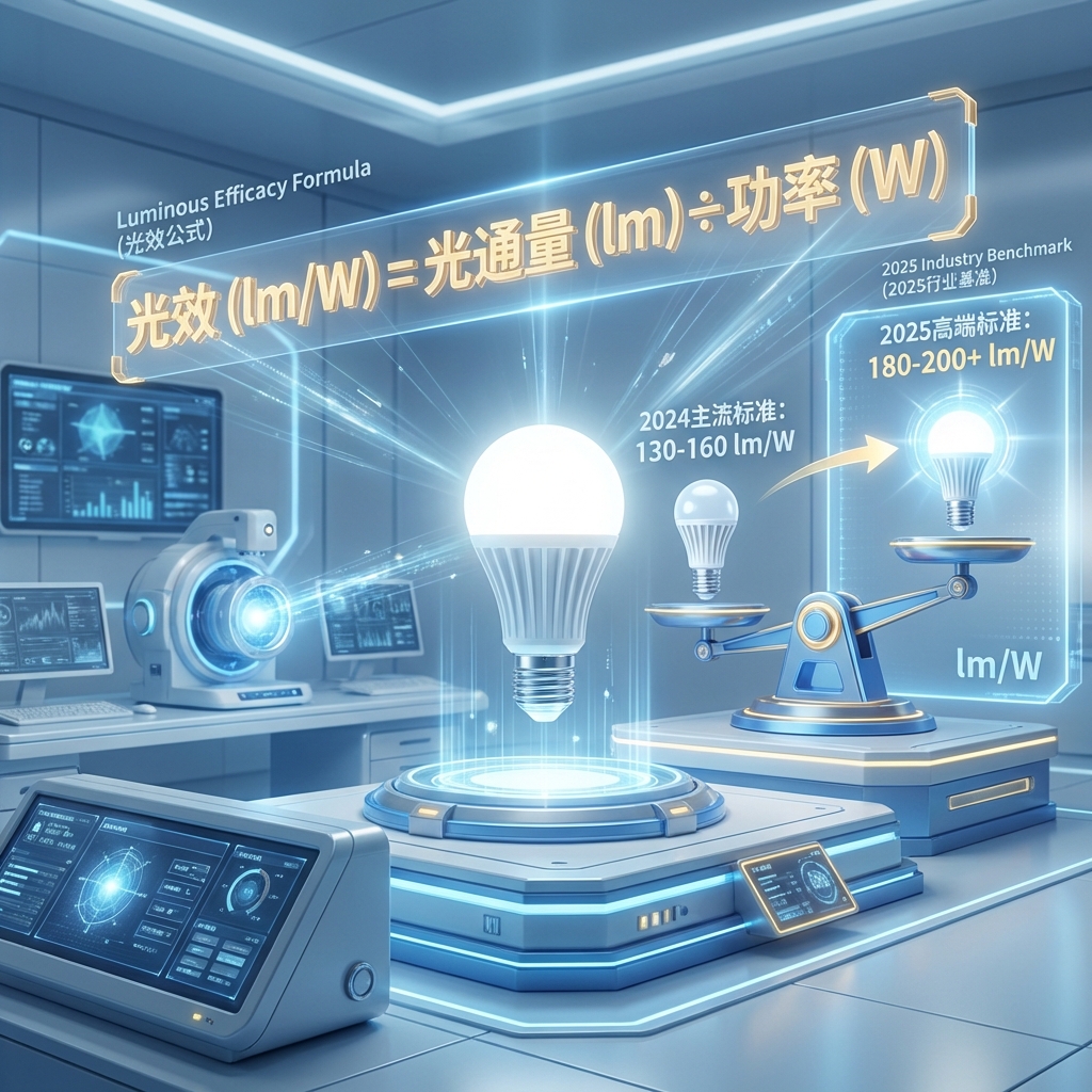 2025年照明研发实验室与光效公式可视化图（显示光效公式与2024/2025行业基准）