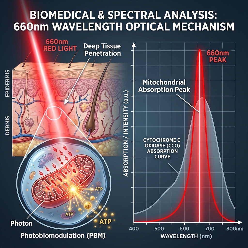 660纳米红光光生物调节(PBM)机制图,展示其穿透皮肤激活线粒体、促进ATP合成的生物光学过程