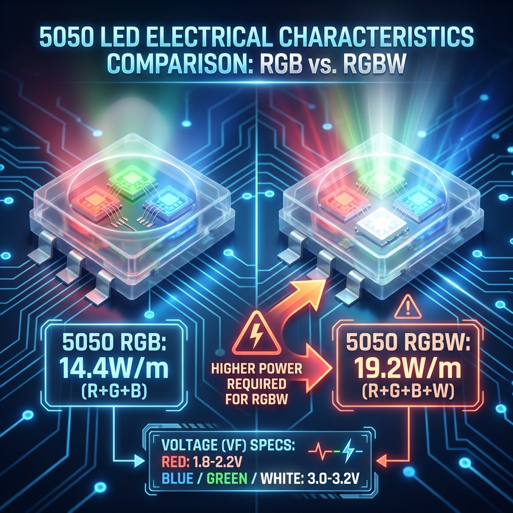 5050 RGB与RGBW灯珠电气特性及功率对比图,展示两种灯珠在全亮模式下的不同功耗,并强调RGBW需要更大功率电源。