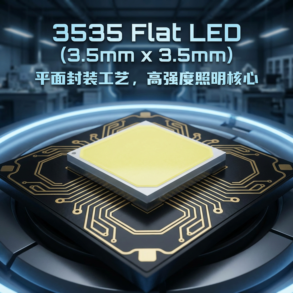 3535平面LED灯珠微距图，展示其平面荧光粉层和陶瓷基板上的精准封装，强调其作为高端照明核心的科技感。