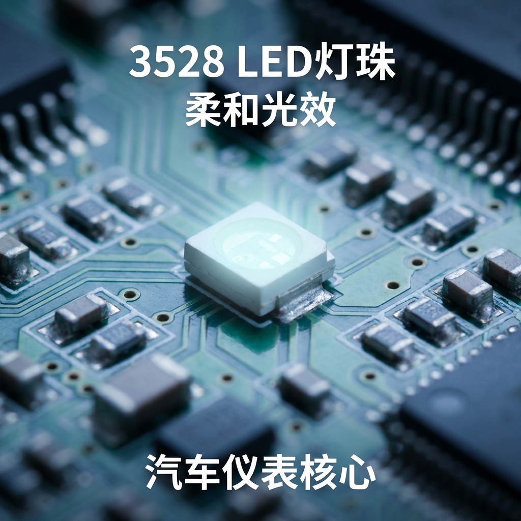 特写:汽车仪表盘上的3528 LED灯珠,发出柔和白色光芒,展现其作为汽车指示灯核心的精巧设计。