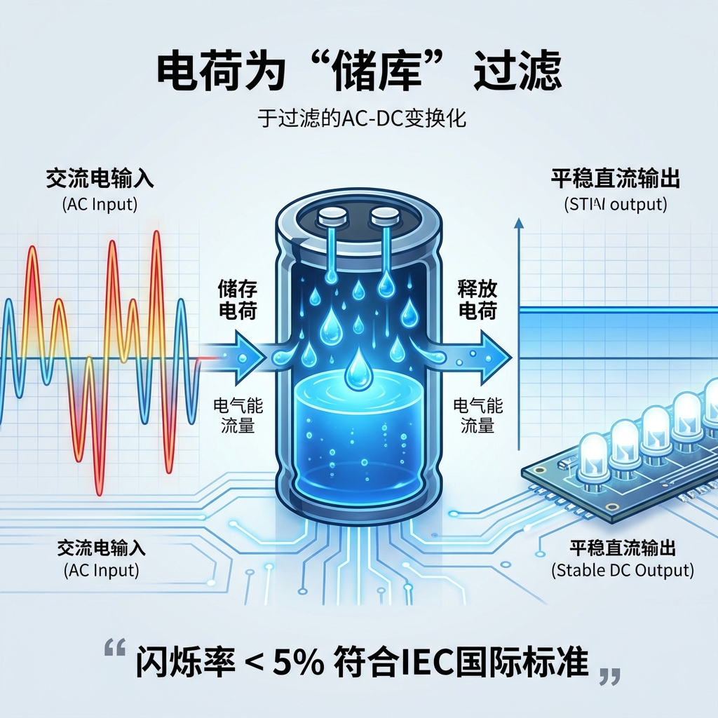 信息图：电容如蓄水池在AC-DC转换中储存与释放电荷，左为交流脉动右为平稳直流输出，示意LED稳定供电