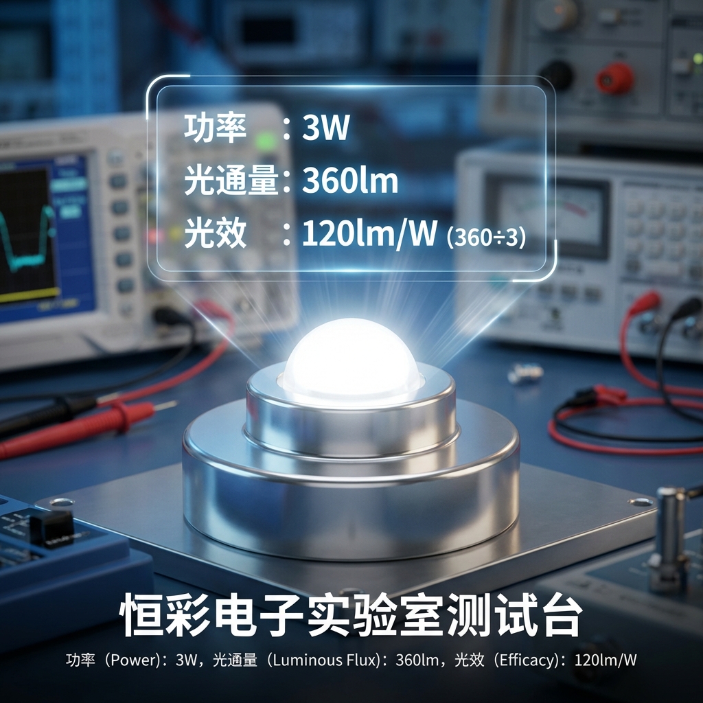 恒彩电子实验室中，一颗正在发光的3W LED灯珠在铝基板上进行测试，数字仪表盘叠加显示功率3W、光通量360lm和光效120lm/W (360÷3)的参数。背景模糊的示波器和测试仪器，强调了“3W 360流明”作为主流高端标准的专业性。