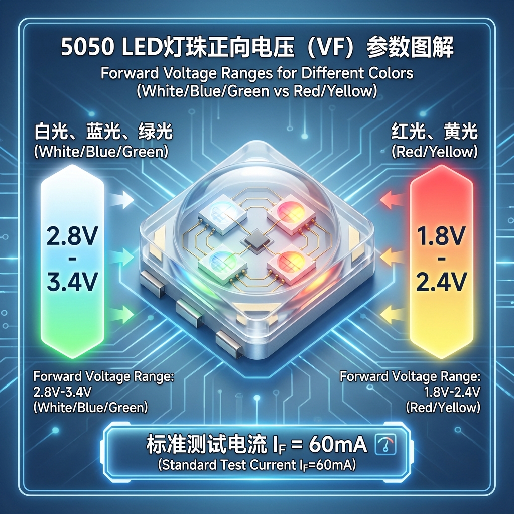 5050 LED三芯片及不同颜色正向电压范围示意图（白/蓝/绿2.8-3.4V，红/黄1.8-2.4V，测试电流60mA）