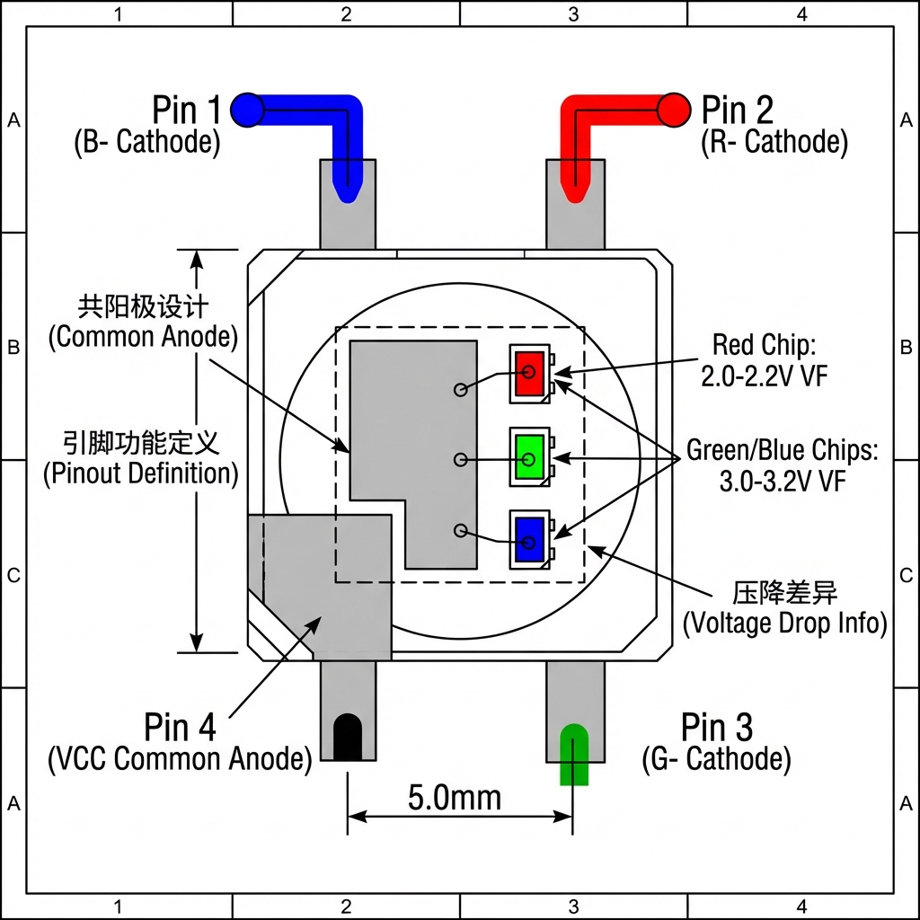 4脚5050 RGB灯珠的引脚功能定义图，展示共阳极设计、各引脚功能及R/G/B芯片的压降信息