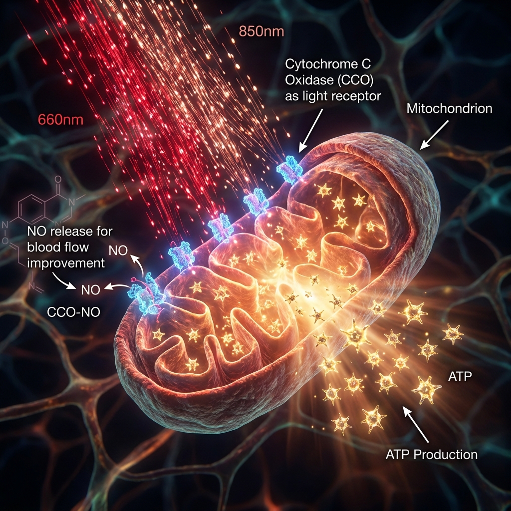 一个微观3D渲染场景,展示线粒体光生物调节机制。红光和近红外光的光子流击中线粒体膜上的细胞色素C氧化酶,激发线粒体释放ATP能量分子,并促进一氧化氮释放以改善微循环。