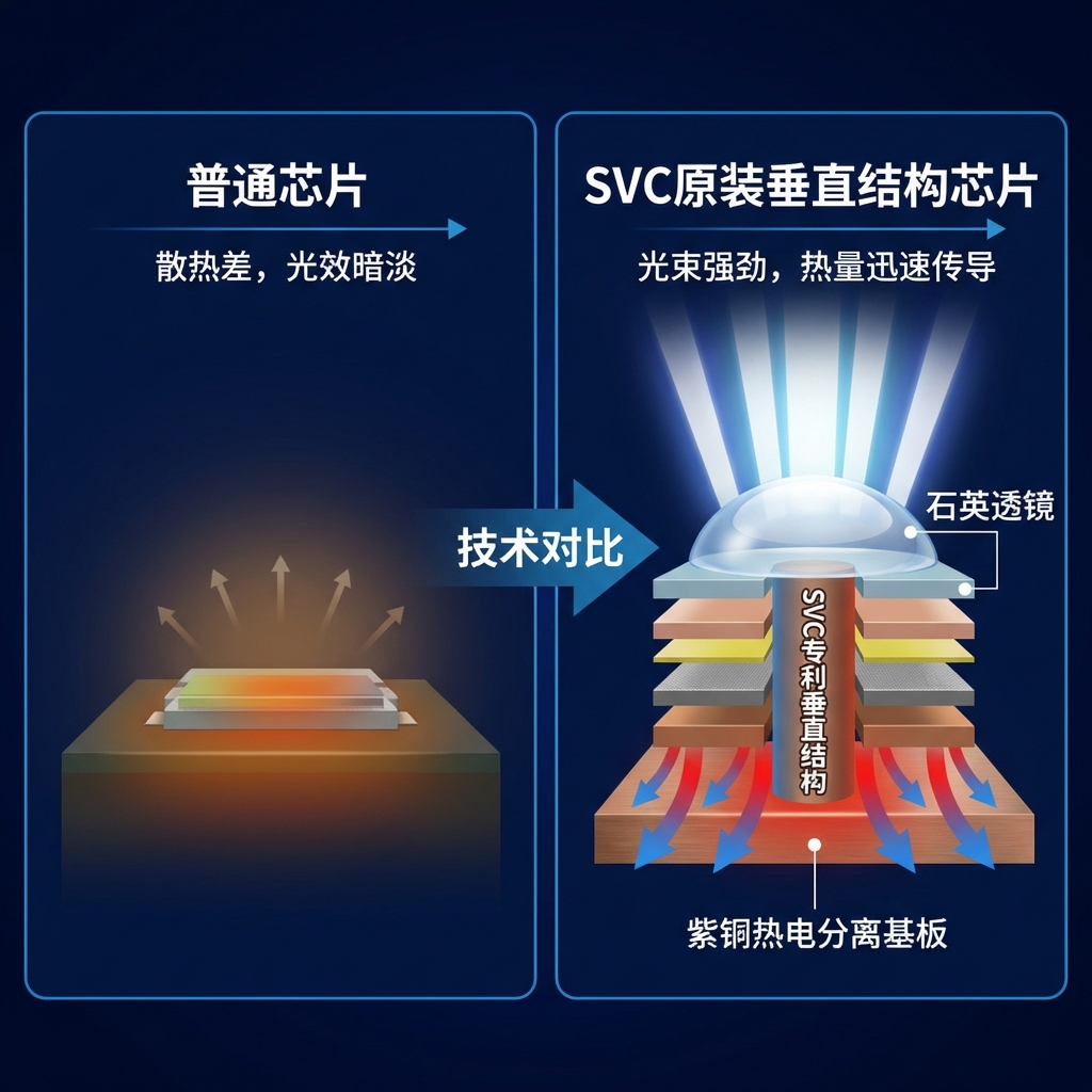 首尔SVC芯片与普通芯片的技术对比示意图。采用横向对比形式，左侧显示普通芯片因散热差导致的暗淡光效；右侧展示SVC原装垂直结构芯片，配合紫铜热电分离基板和高透光石英玻璃透镜，光束强劲且热量迅速传导。画面标注‘SVC专利垂直结构’与‘石英透镜’。