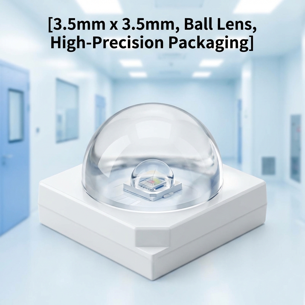 一颗3.5mm x 3.5mm的3535球头灯珠,展示了其半球形硅胶透镜和白色陶瓷底座,背景为无尘车间,强调精密封装工艺。