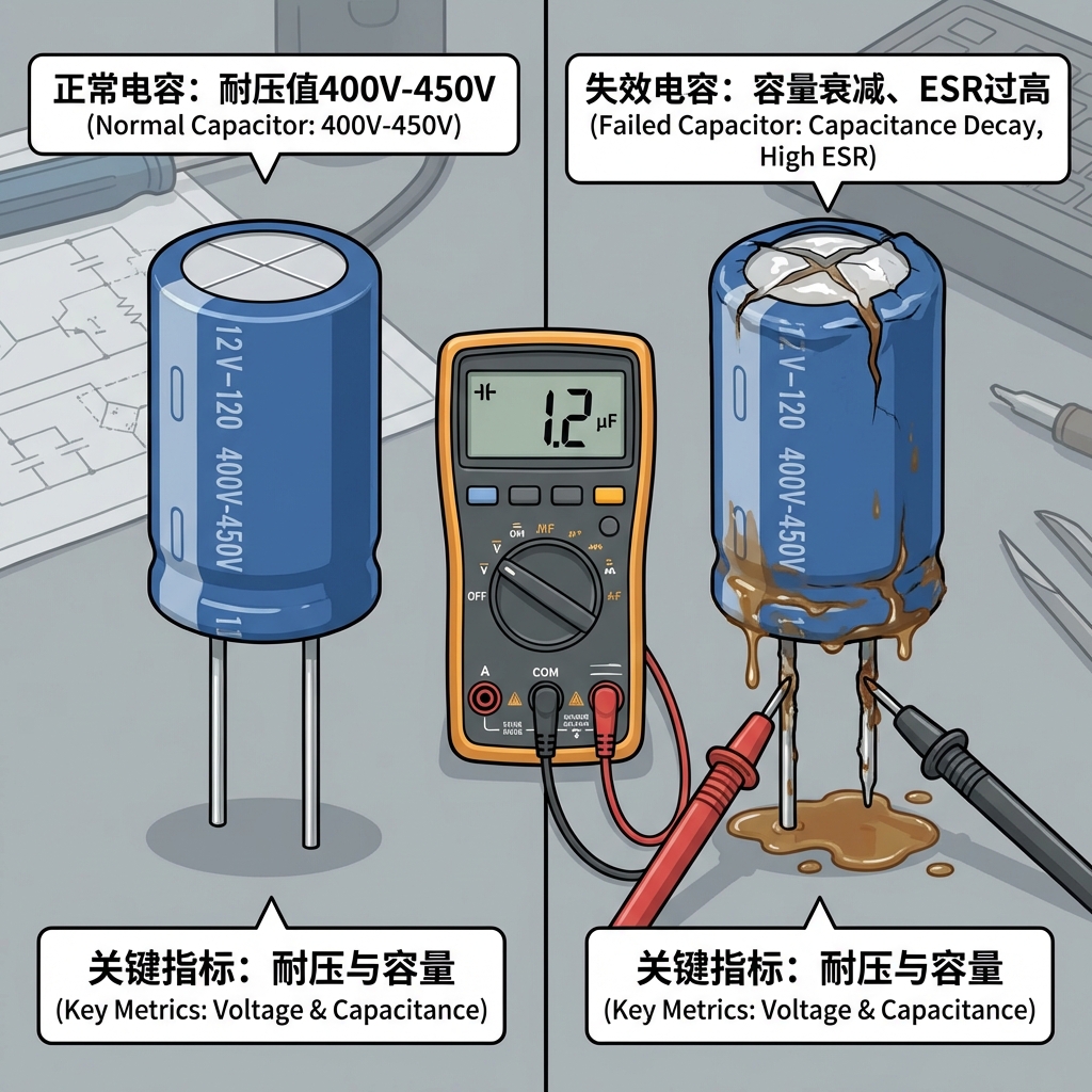 对比图：正常电容（顶部平整）与损坏电容（鼓包漏液），并有万用表测量电容容量的示意