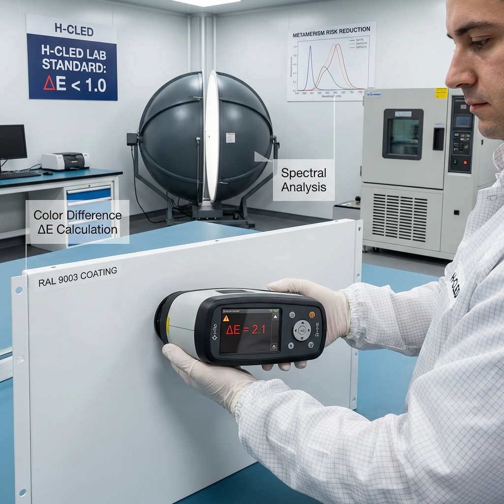 恒彩电子实验室中，技术人员使用分光测色仪测量RAL 9003涂层，屏幕显示ΔE色差计算结果，强调工业级配色对精度和色差控制的严格要求。
