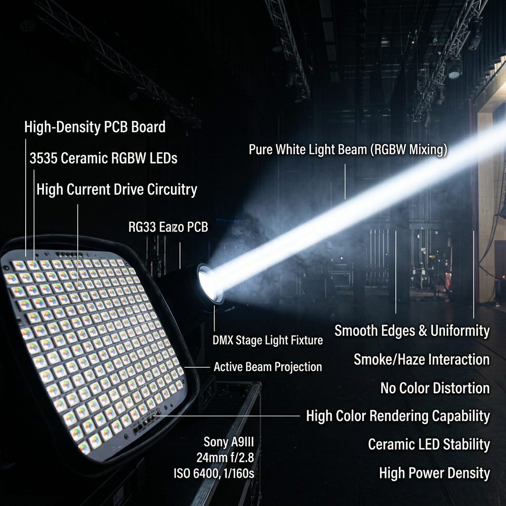 一张3535 RGBW陶瓷灯珠在舞台灯具中的应用示意图，展示灯珠在高密度PCB板上的排列以及其发出的纯净、无杂色边缘的白光光束，突出其在复杂舞台环境下的光色稳定性和高功率密度优势。