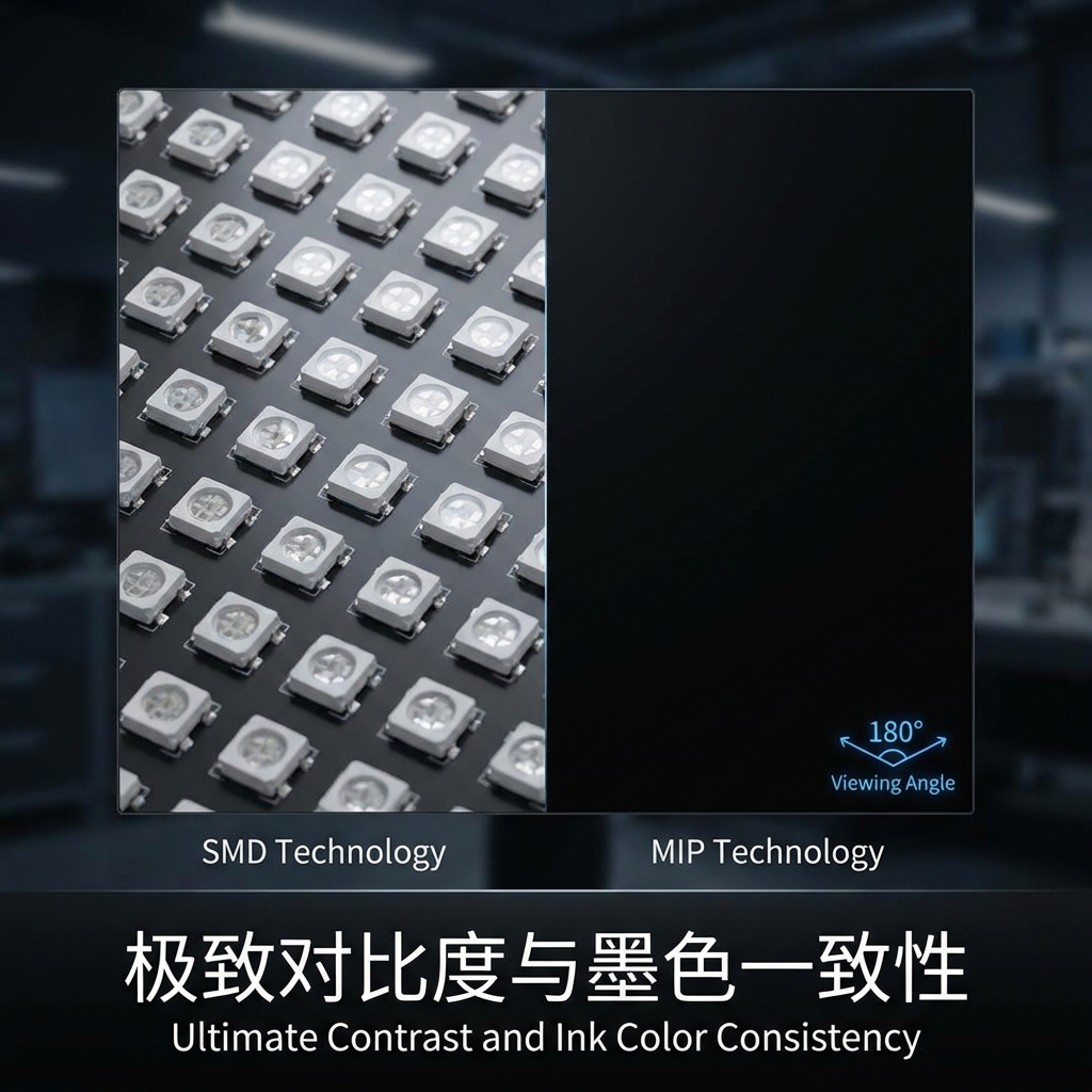 SMD与MIP封装显示屏光学效果对比图，左侧SMD显示屏墨色不纯，右侧MIP显示屏呈现极致黑占比和高对比度，并支持180度广视角。
