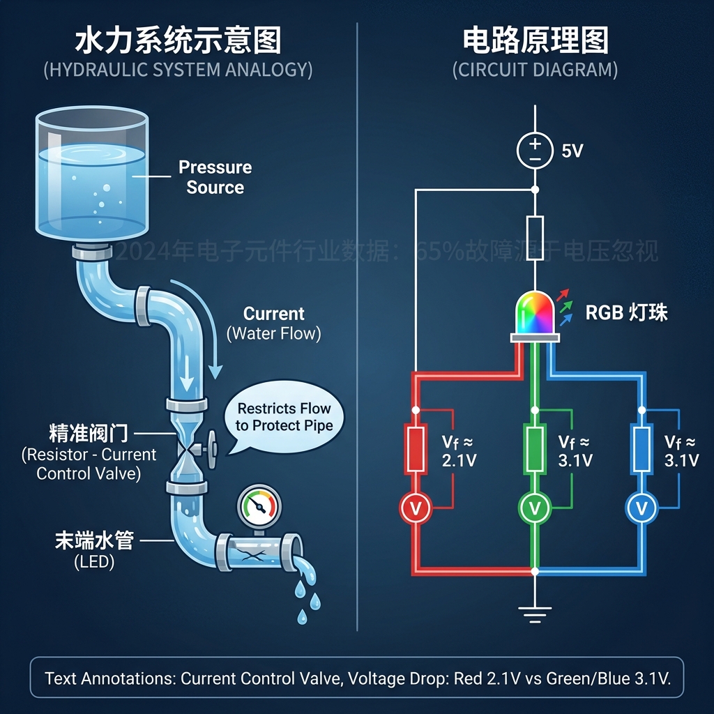 A diagram illustrating LED current limiting using a water flow analogy (valve) and an electrical circuit. It shows a 5V supply, a resistor, and an RGB LED, highlighting the forward voltage (Vf) difference between Red (≈2.1V) and Green/Blue (≈3.1V), explaining the need for different resistor values.