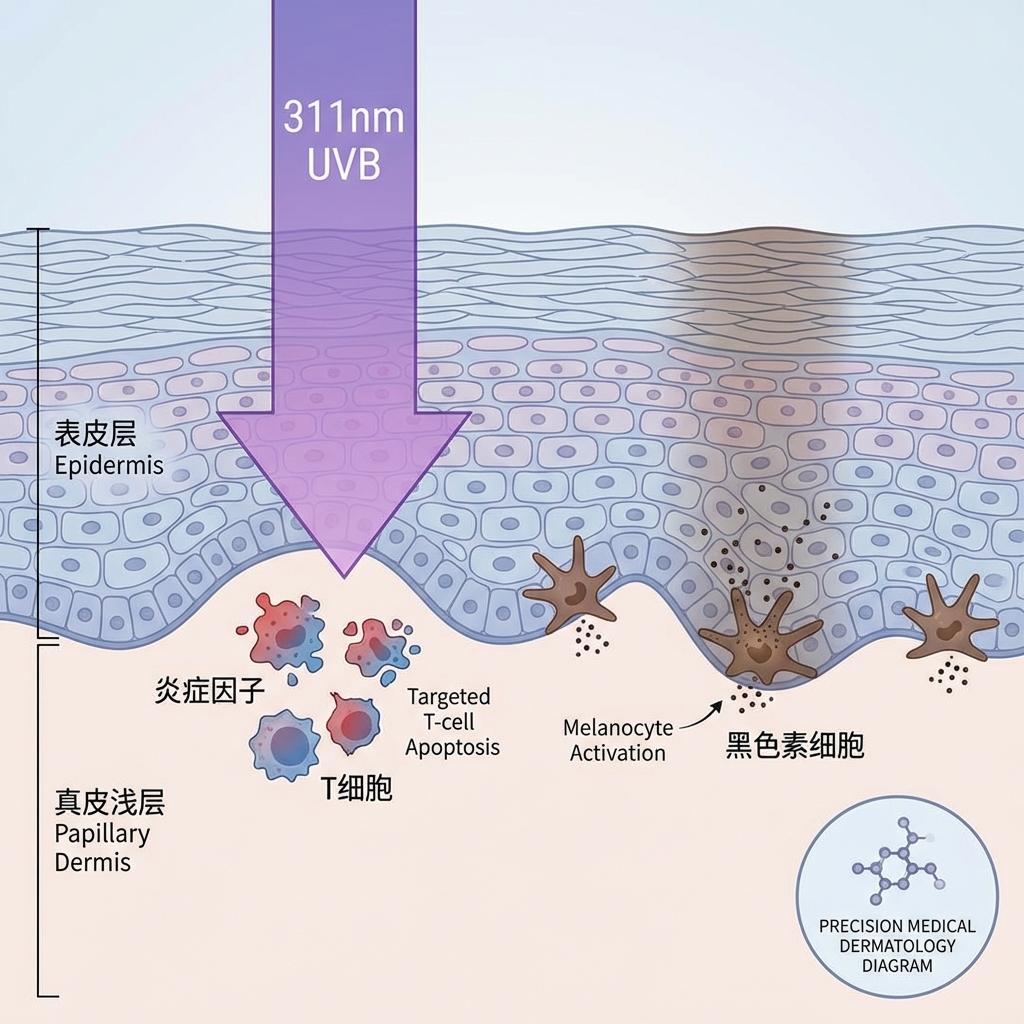 皮肤医学解剖横截面图，展示311nm UVB光线如何精准穿透表皮层到达真皮浅层，促使过度增殖的T细胞凋亡并激活基底层的黑色素细胞，并标注'Targeted T-cell Apoptosis'和'Melanocyte Activation'。