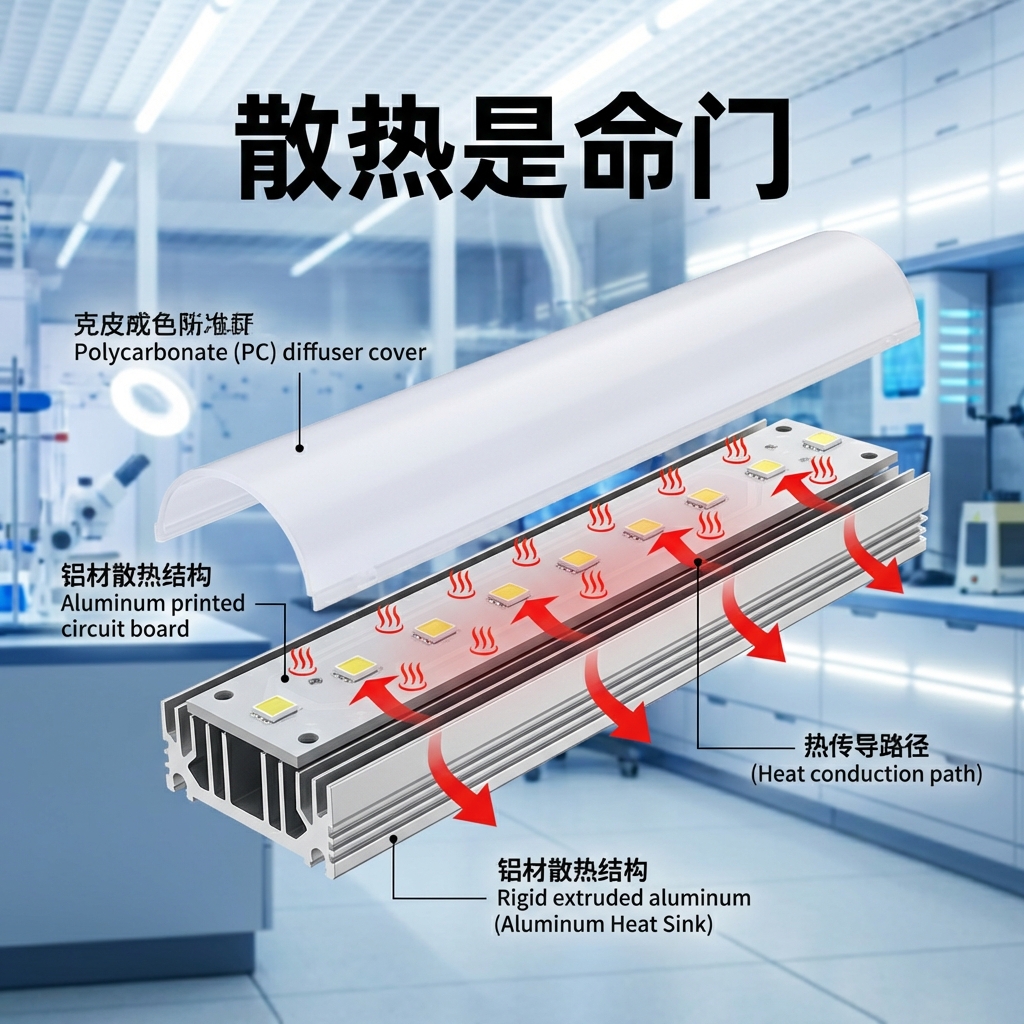 LED灯管内部结构剖面图,展示PC罩、LED芯片、铝基板及铝合金散热背板,热量通过铝材传导至空气中。