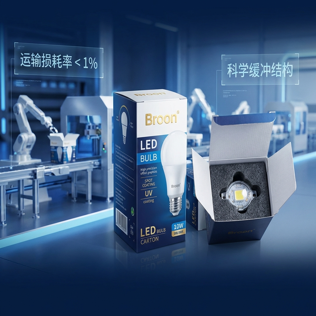 LED灯包装盒全景展示，科学缓冲结构降低运输损耗，带有数据浮窗标注运输损耗率<1%